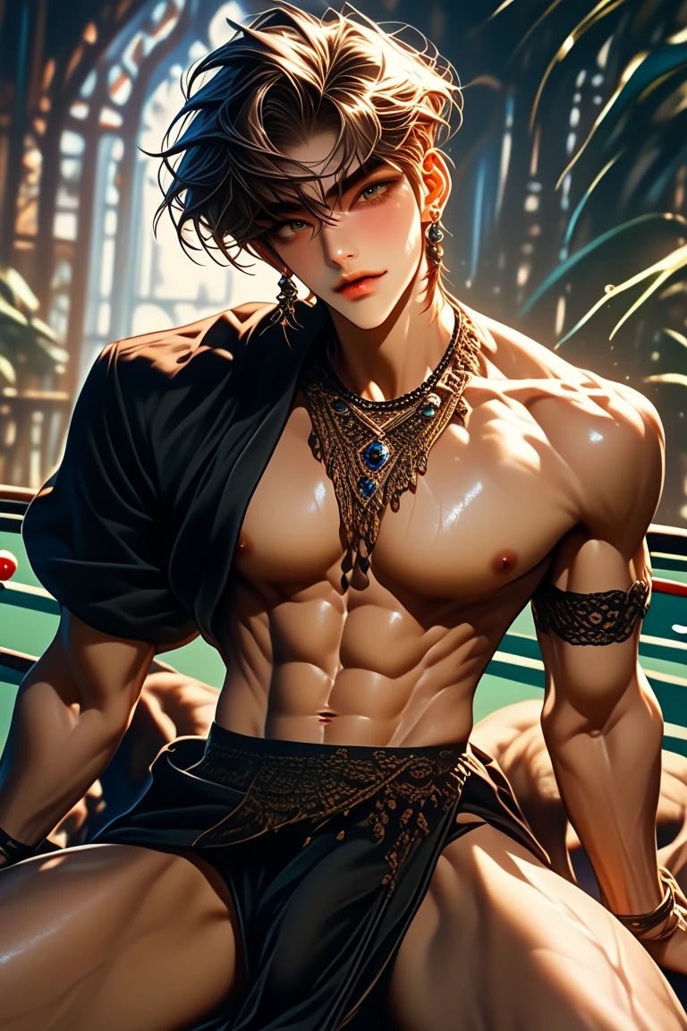 masterpiece, ((masterpiece)), Best quality, complex parts, expressive eyes, perfect face, detailed face, Highly detailed and fine figurine, ultra-realistic, detailed body, detailed pectoral muscles, ((Male focus)), detailed muscles, convex, не носить топы A handsome boy, 17 years old, athletic build, ideal body, aesthetically beautiful, erotically tempting, seducing, offering himself With a beautiful sexy tango panti With round perfect buttocks, muscular, sweaty after a workout, In a Venetian mask with peacock and bird of paradise feathers, In White, red and gold colors, diamond chips all over the body