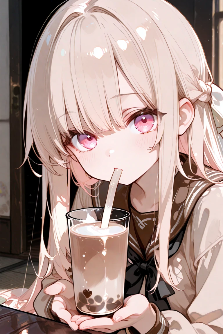 Make an albino woman, beautiful and korean, do it with black eyes, clear and beautiful, make her wear a white coat with a black top, and make her suck a cylindrical popsicle,thick, de chocolate