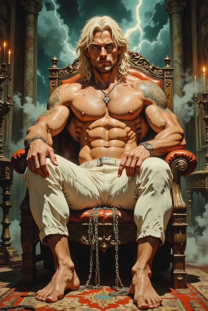 Half naked Muscular king white hair, with Silver crown, wearing only thong, sitting on the huge iron throne