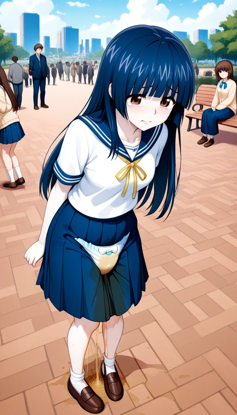 score_9, score_8_up, score_7_up, source_アニメ, masterpiece, 1girl, watahana, Blue eyes, hair ornament, hair flower, school outfit, blue dress, sailor dress, white sailor collar, red bow, Indoors、on the train, Molester、school yard, field, full body, Eyes are hearts、Primary school students, Black hair、Shiny Hair, Highest quality、skirt open、blush、Watery eye、Sex、Creampie、vaginal penis, missionary, saliva trail, (orgasm), Drooling pulls a thread、Semen overflowing、A lot of semen、Violent Rape、(Trembling)、1boy, intercourse with a man, Insert the big penis、((uterus at viewer penis inserted into pussy from cross section looking through))