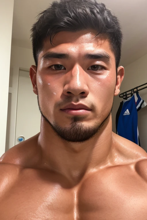(Selfie)(Indoor shooting)(indirect lighting)Beautiful muscular Japanese man、40 years old、Height: 190cm、Weight 100kg、Short Hair、Thin white bikini、Muscular、erection、Pose that emphasizes the crotch、Sweat、Back view、Beautiful eyes in every detail、Thick armpit hair、Hairy、Pectoralis major