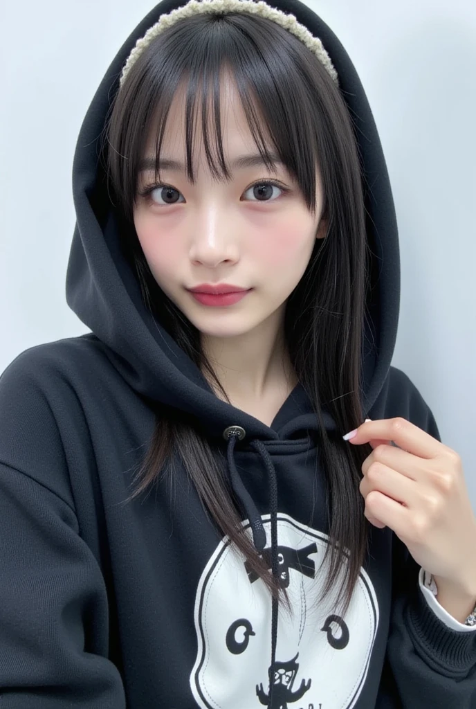 A girl with long black hair wearing a black hoodie with a hood, tall, large chest, and bangs