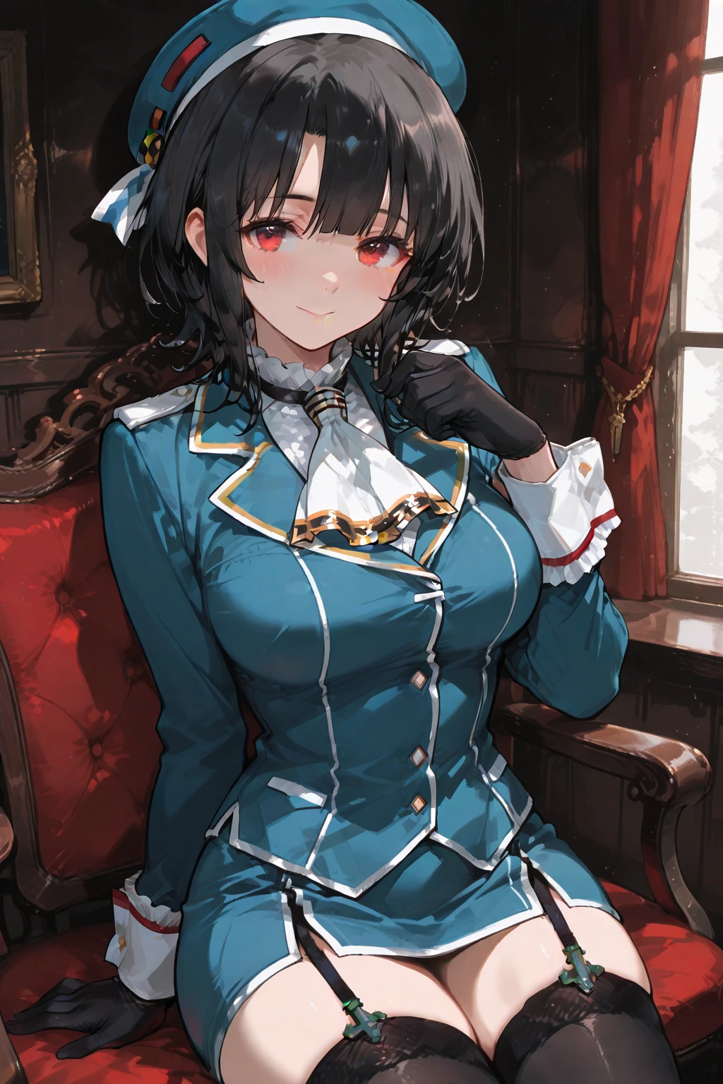 (masterpiece, best quality:1.2),illustration,8k,hd,1girl,solo,upper body,(portrait:1.2),takao \(kancolle\),black hair,red eyes,short hair,large breasts,long sleeves,hat,black gloves,black thighhighs,miniskirt,blue skirt,military uniform,beret,garter straps,blue jacket,blue headwear,pencil skirt
