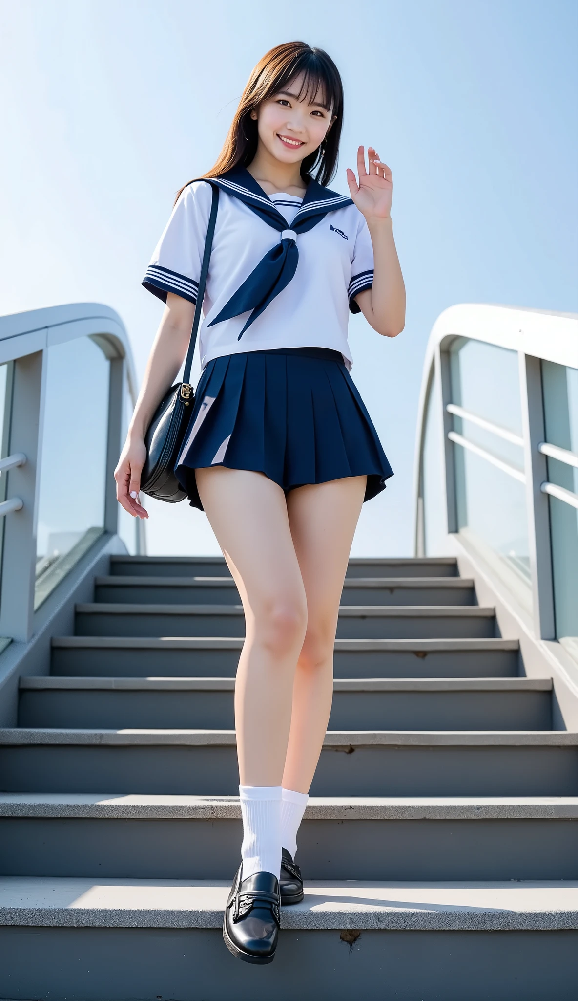 View from below as a 20-year-old Japanese actress taking an artistic photo book descends the steps of a pedestrian bridge。Beautiful black hair is attractive。Petite and cute like an idol。long hair。navy blue sailor suit。Her underwear is vaguely visible。White short socks。black loafers。Beautiful legs。low angle。smiling and waving。holding a black bag。A hot midsummer day with clear skies spreading out。I'm wearing a white swimsuit。strong wind is blowing。