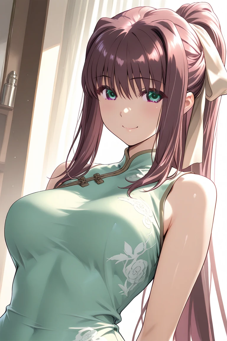 best quality, uzumaki_kushina,hair_ornament, china dress, 1girl, solo, long_hair, breasts, blush, large_breasts, ribbon, cleavage, hair_ribbon, red_hair, two_side_up, standing,<lora:epiNoiseoffset_v2Pynoise:1>