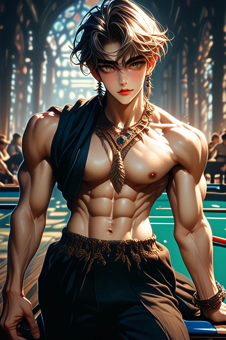 masterpiece, ((masterpiece)), Best quality, complex parts, expressive eyes, perfect face, detailed face, Highly detailed and fine figurine, ultra-realistic, detailed body, detailed pectoral muscles, ((Male focus)), detailed muscles, convex, не носить топы A handsome boy, 17 years old, athletic build, ideal body, aesthetically beautiful, erotically tempting, seducing, offering himself With a beautiful sexy tango panti With round perfect buttocks, muscular, sweaty after a workout, In a Venetian mask with peacock and bird of paradise feathers, In White, red and gold colors, diamond chips all over the body