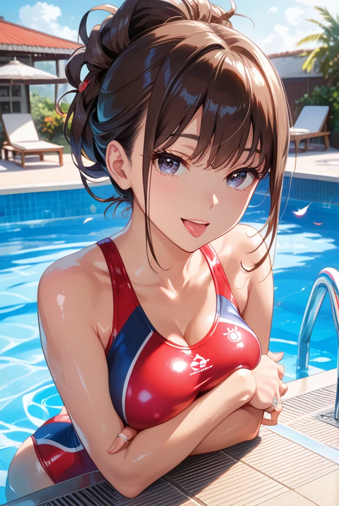 (((Competition diving board:1.3))),(((Sports towel))), (((Competition Pool 1.3))),((Competition Swimwear:1.7)),(((White one piece swimsuit))),Expressing happiness with a smile,Cute Face,Extreme close up of face,Shiny light brown and orange striped short hair,Perfect round face,iris,(hairpin、Floating Hair、),Big Breasts.Professional Lighting,Cinematic Light,(Tabletop,highest quality,Ultra-high resolution output images,) ,(8K quality),(Picture Mode Ultra HD),