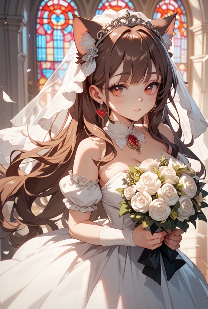 Low - Angle, NSFW, Misaka Mikoto, wedding dress, bridal gauntlets, bridal veil, wedding ring, bouquet, blush, small breasts, church, uhd, retina, masterpiece, ccurate, anatomically correct, textured skin, super detail, high details, high quality, best quality, highres, 4K