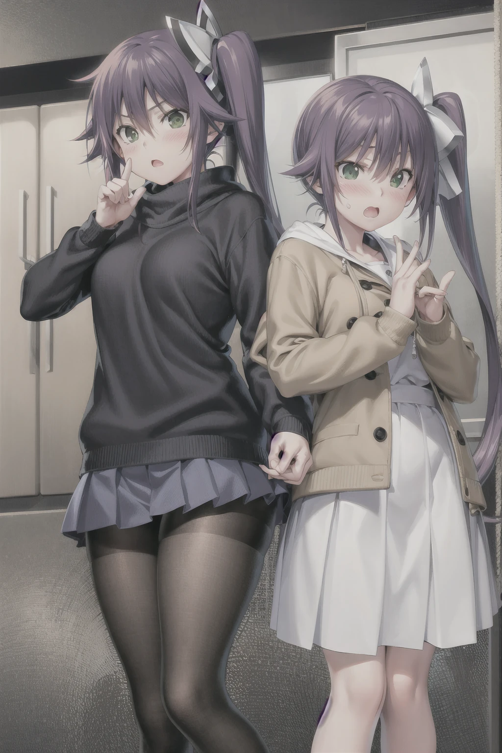 Keito。Purple hoodie。Black Skirt。Purple Eyes。Purple Hair。Black shoes下。Black shoes。Both arms are missing。Blood