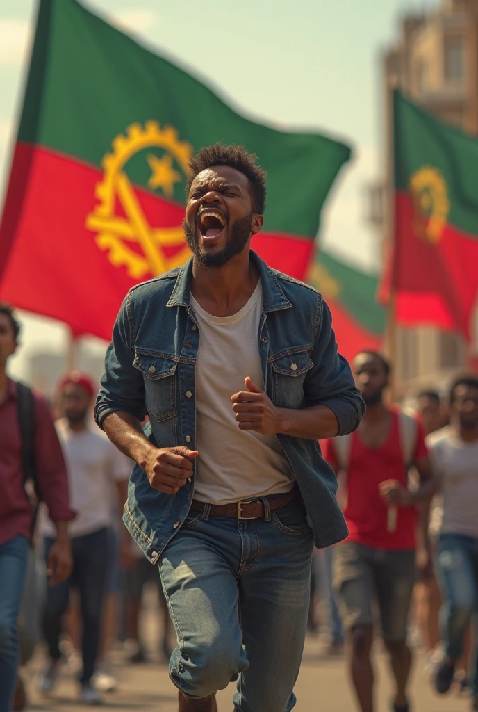 make a reasonable picture of a boy wearing a t-shirt with "Mustaphe" written on the back who won the Mach final in Somalia celebrating and the people having the Somali flag