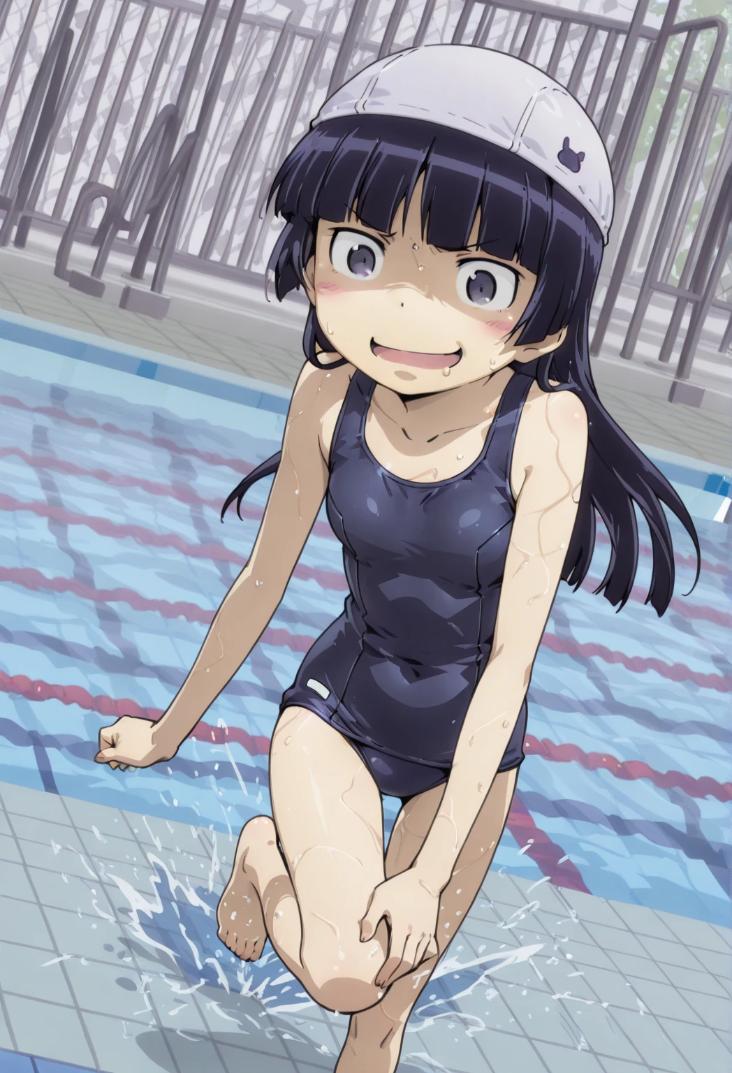 masterpiece, best quality,
1girl, hyuuga hinata, black hair, short hair, white eyes, no pupils,
school swimsuit, one-piece swimsuit, open mouth, smile, happy, solo, looking at viewer, sea, sand, blue sky, tropical island background <lora:HinataHyuga:1>