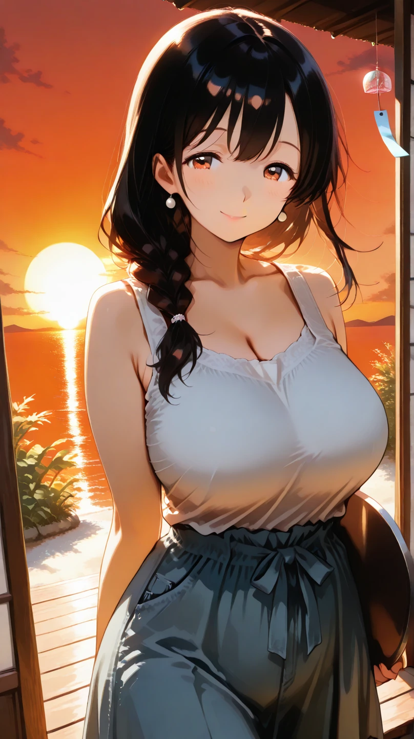 ((masutepiece)), ((Best Quality)), (Ultra-detailed), ((kawaii)), ((Sexy)), (Ero), ((Extremely detailed)), 4K, (8K), Best Quality, (Beautiful), Anime style, Upper body, Focus on the face, full body focus, laboratory, city, Town, evening, Cute little girl s, 1girl in, Solo, one piece dress, Beautiful dark brown hair, Beautiful brown eyes, ((Beautiful eyes with highlights )), White-skinned, Middle hair, Transparent hair, translucent hair, large full breasts, Troubled expression, Neon light, Wind-effect, shiny-glistening, gleaming, wetted by water, reflection effect