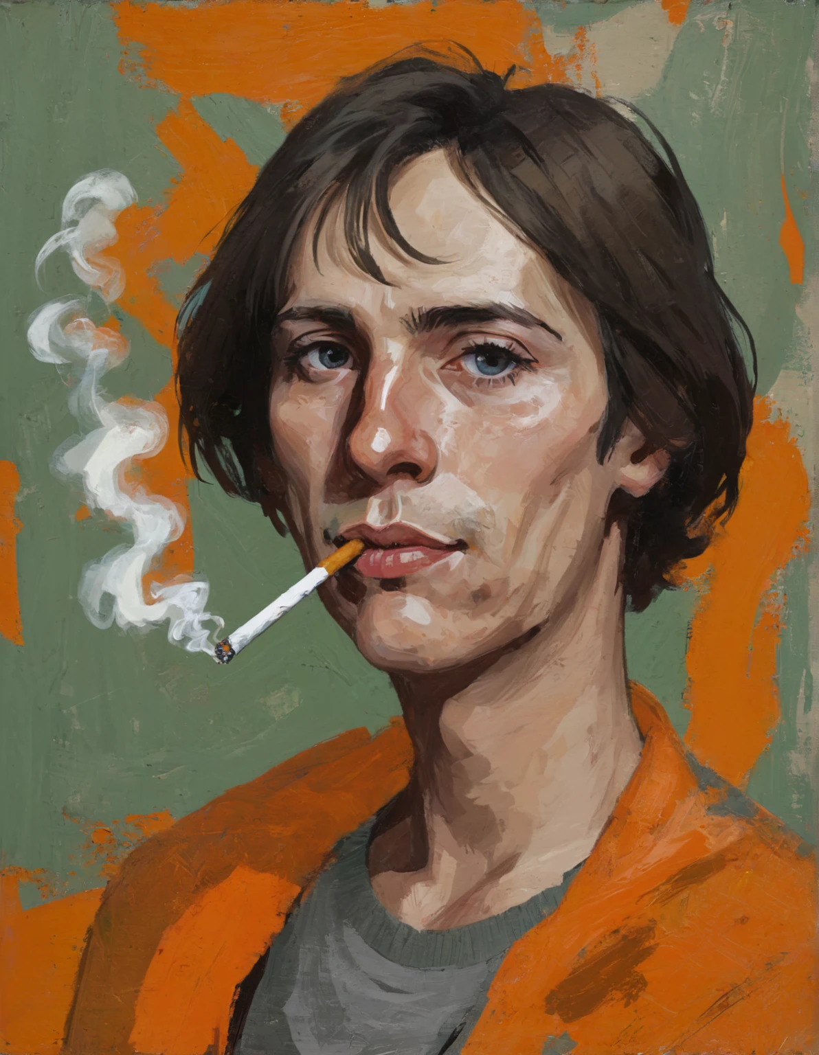 orange camo, young man smoking, Portrait,  abstract painting 