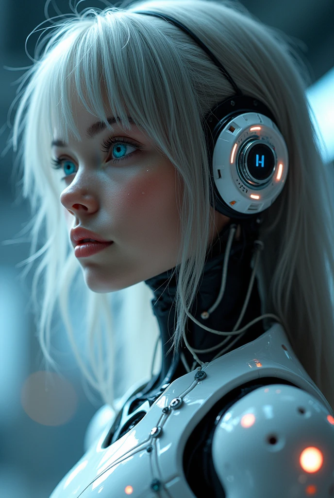 1 realistic girl,white goods, long hair, breasts big, ((Extraordinarily realistic details)), portraite, World-class lighting, ombre, octane rendering, 8f, ultra sharp, white metal,complicated, detailed jewellery, cool colors, highly complicated details, realistic light, trends at CGSociety, glare eyes, beautiful  face, cleary see face, Double eyelids, Pose as a model, Face the camera., neon details, mechanical members, blood vessels connected to tubes, Wires and cables connected to the body, highy detailed, เทคโนโลยีจากfuture world, future world, alien tech, space ship, Advanced alien world, cutting edge technology