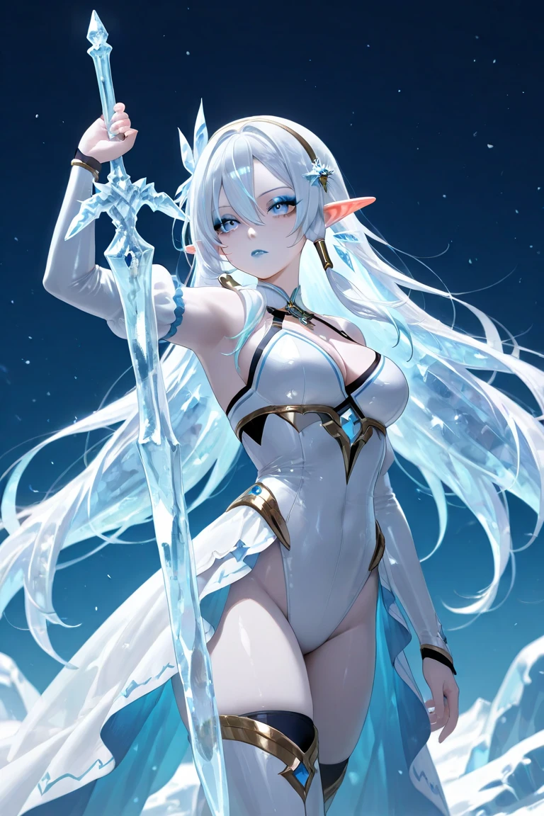 Woman, imposing spectrum, (Eleven), ethereal and dark appearance, torn garments, eyes shining icy blue, ice and shadow skills, spectral appearance with fog and ice visual effects, corrupted, Ranni, full body, character focus, greenish skin, elf ears, bluish glow, imposing freezing spirit, hair blue, Coke, skin made of ice, crown of ice, floating ice crystals cover, (body made of solid ice), aura of intense cold, creating ice storms and projecting ice squalls. Frozen ruins scenery, anger, flying