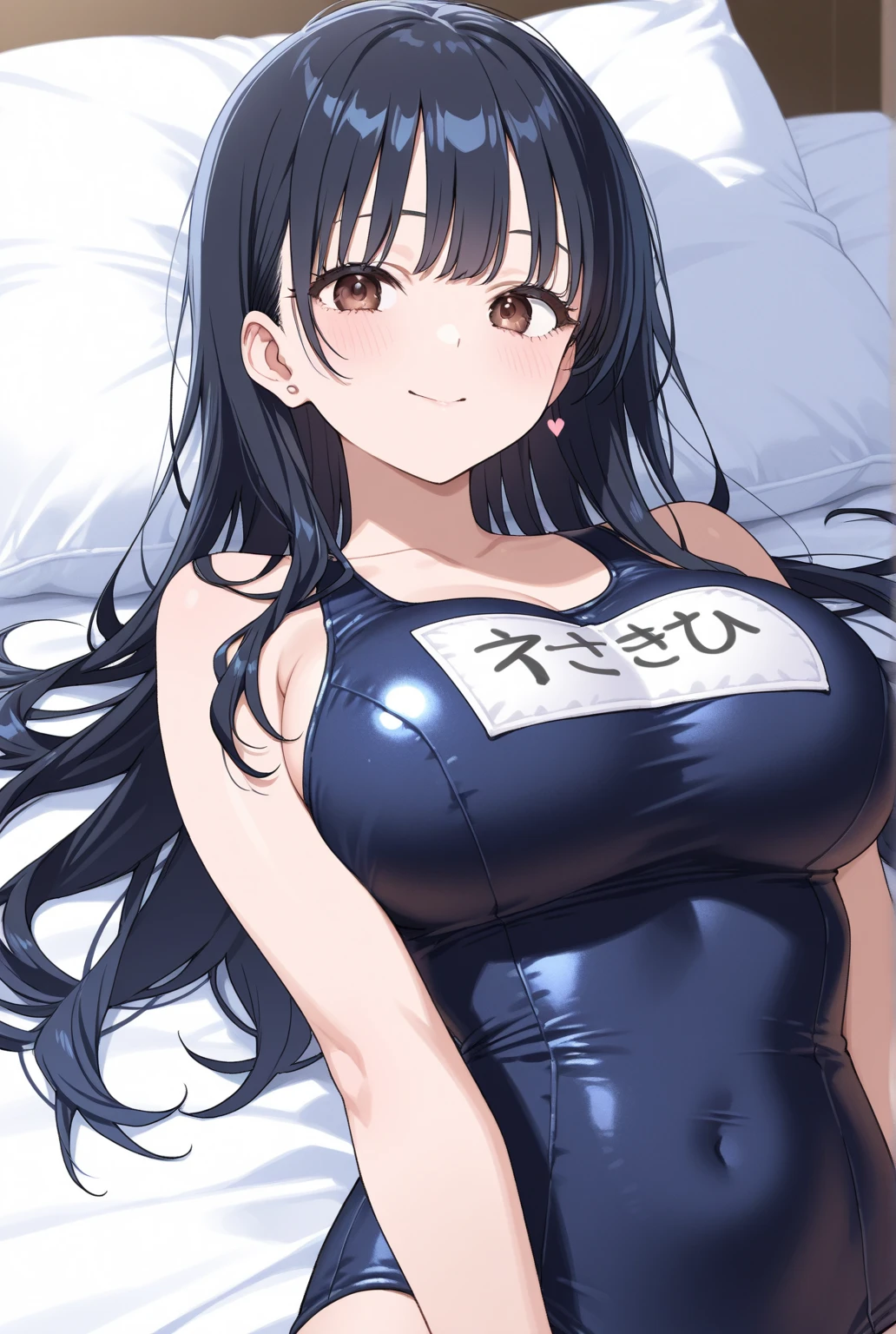(((One girl:1.5, alone))), Very pretty woman photo,Yor Briar (Sexy Model), Professional attire, Naughty smile, Full body images, (Looking straight at you,Lying on the bed with legs spread:1.2, Sexy pose), break, (shiny fine hair: 1.2), dark red eyes, Beautiful Eyes, Princess Eyes, ((Black Hair:1.3)),, bangs, Hair between the eyes, Long Hair, curve, Abdominal muscles, perfect Abdominal muscles, (Huge breasts;1.37, Large Breasts:1.37, Large Breastsの谷間:1.37), (Narrow waist: 1.15), (Detailed beautiful girl: 1.4), Part your lips, Red lips, (Shiny skin), ((Perfect female body)), (Upper body image:1.3), Encircling the head, Perfect Anatomy, Perfect proportions, 8.5 Life Span, Face Focus, break,  Chest tightness, Show Viewer, (A navy blue high-cut school swimsuit with a blank white name tag:1.4),(White knee socks with split toes:1.2) break, (Detailed Background:1.2), (Studio Lighting: 1.3), (Cinematic lighting: 1.3), (Backlight: 1.3), Dim lighting, Full body lighting, break, (masterpiece, Highest quality: 1.2), (Ultra-high resolution: 1.2), (RAW Photos: 1.2), (Sharp focus: 1.3), (Face Focus: 1.2), (Ultra High Definition CG Integrated 8K Wallpaper: 1.2), (Beautiful Skin: 1.2), (Pale skin: 1.3), (Hyper Sharp focus: 1.5), (Ultra Sharp focus: 1.5), ( Beautiful pretty face: 1.3), (非常にDetailed Background, Detailed Background: 1.3), Ultra Realistic Photo, Ultra-sharp images, Hyper-detail image、hair band、Full body portrait、Full body portrait、Full body portrait、Lie down on the bed、Transparent nipples、Naughty smile、Sticking out tongue