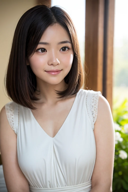 masterpiece,best quality,(Japanese ),((Beautiful girl)),cleavage,indoor,(perfect body beauty:1.2),(shy smile),beautiful teeth,