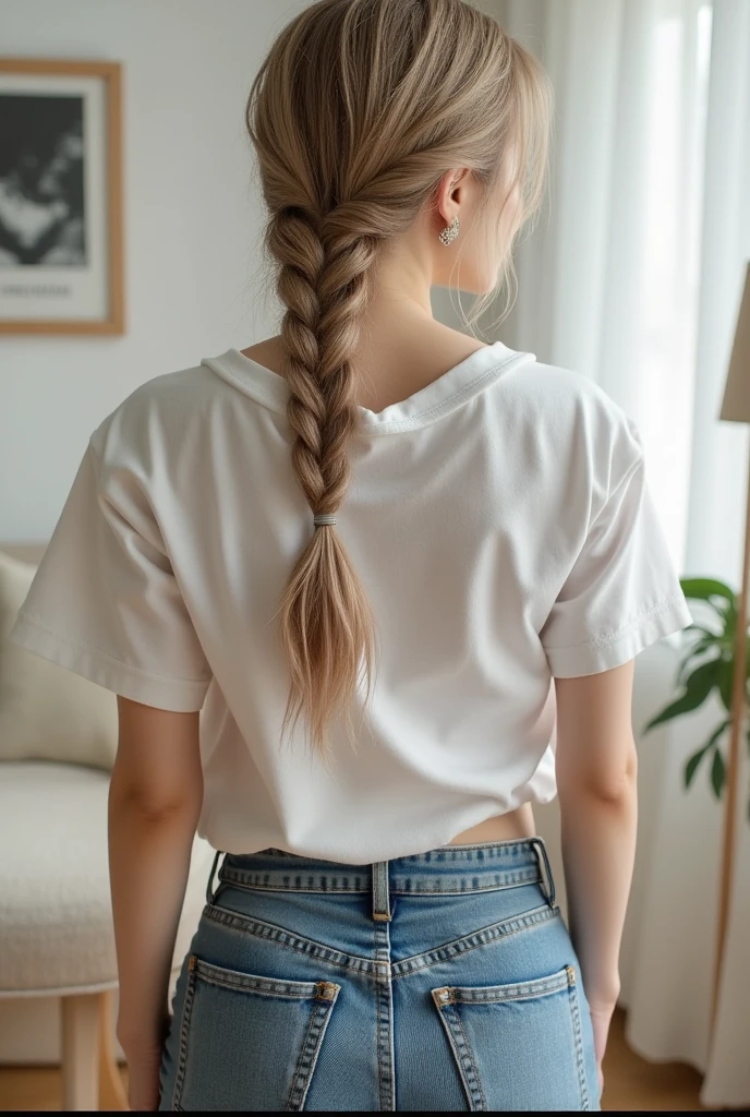 1girl, shorts, solo, solo, alone, back to the audience, indoors, bedroom, sitting on the floor, vintage console, Nintendo console, gamepad in hand, blonde, braid, (white shirt), white shirt covering ass