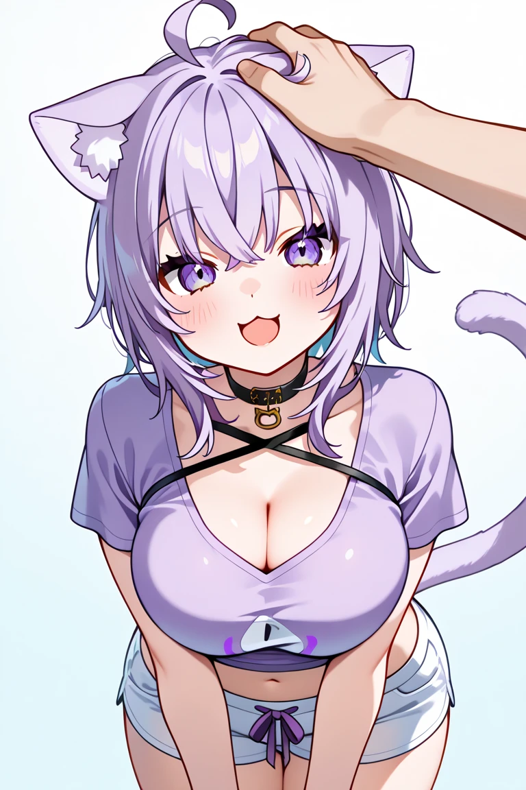 ((Masterpiece)), ((best quality)), (Anime:1.3), (super detail:1.2),(High Definition:1.3), (Professional Photography:1.2), ((12 years old)), (morning), messy medium hair, (wearing tribal loincloth only), (slightly exposed naked small breast), erect nipples, (Healthy Slender body), Beautiful collarbone, pale purple hair, cute teenage girl, (shy and very blush), lower eyelashes, (loose blunt bangs), red mesh, Slender body, (place hand on hair), glossy skin, (nauthy smile), open mouth, ((Beautiful brown eyes)), Textured skin, (Cat ears), Cute Beautiful Girl, BREAK, ((best quality)), cumulonimbus cloud, summer day, sunflower, (on the tropical country), (sharp focus), (perfect light),