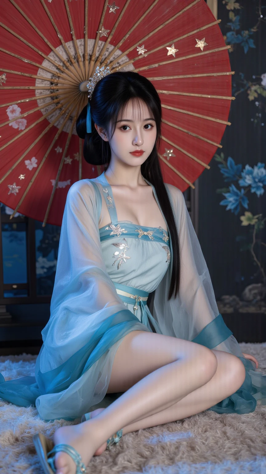 absurdres, RAW photo, extremely delicate and beautiful, masterpiece, Best Quality, ultra high resolution, 32k, hyperrealistic, ultra-detailed, perfect anatomy, super Detailed skin, perfect figure, Super Beauty, Perfect Style, Perfect balance, 30 years old, very small head, very small face, delicate facial features, detailed face, detailed eyes, tearful mole, earring, very huge round breasts, legs, medium hair, full body shot, (Hanfu), indoor,