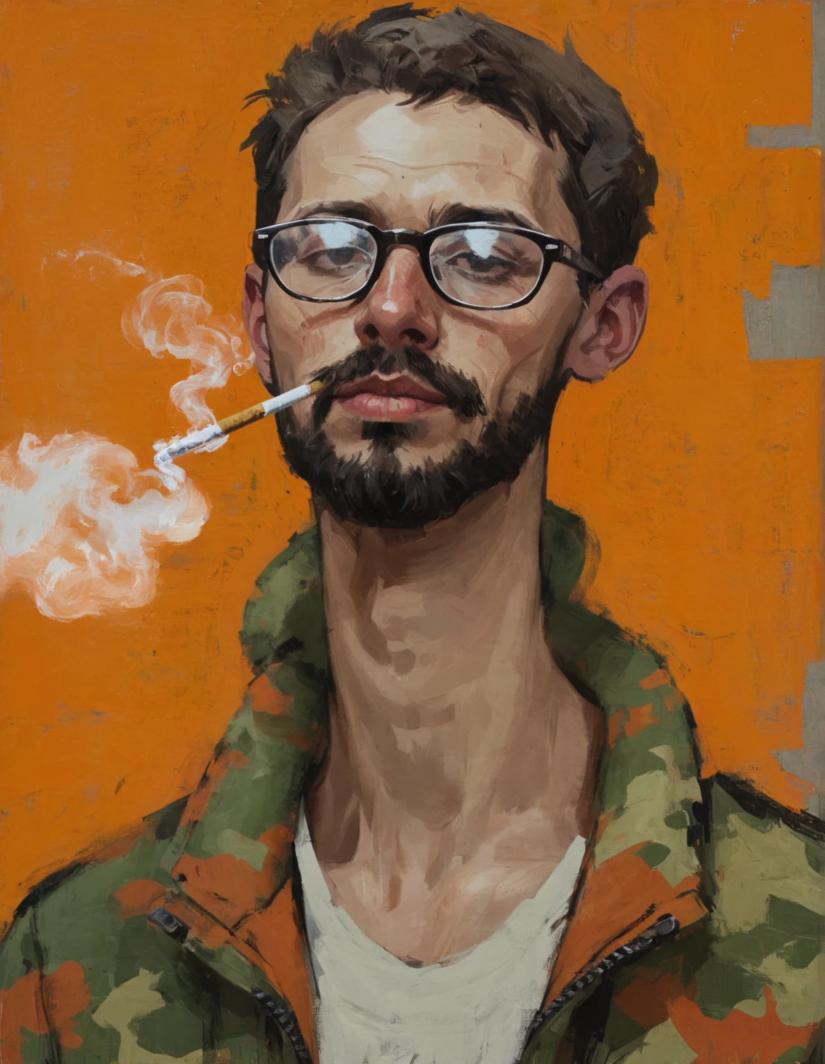 orange camo, young man smoking, Portrait,  abstract painting，Wearing glasses，Bearded