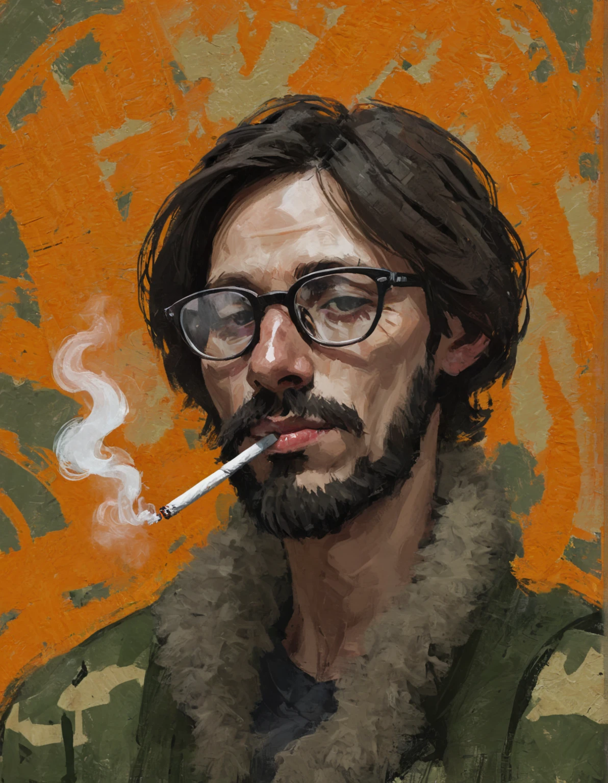 orange camo, young man smoking, Portrait,  abstract painting，Wearing glasses，Bearded