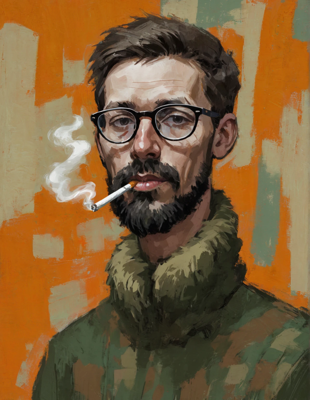 orange camo, young man smoking, Portrait,  abstract painting，Wearing glasses，Bearded