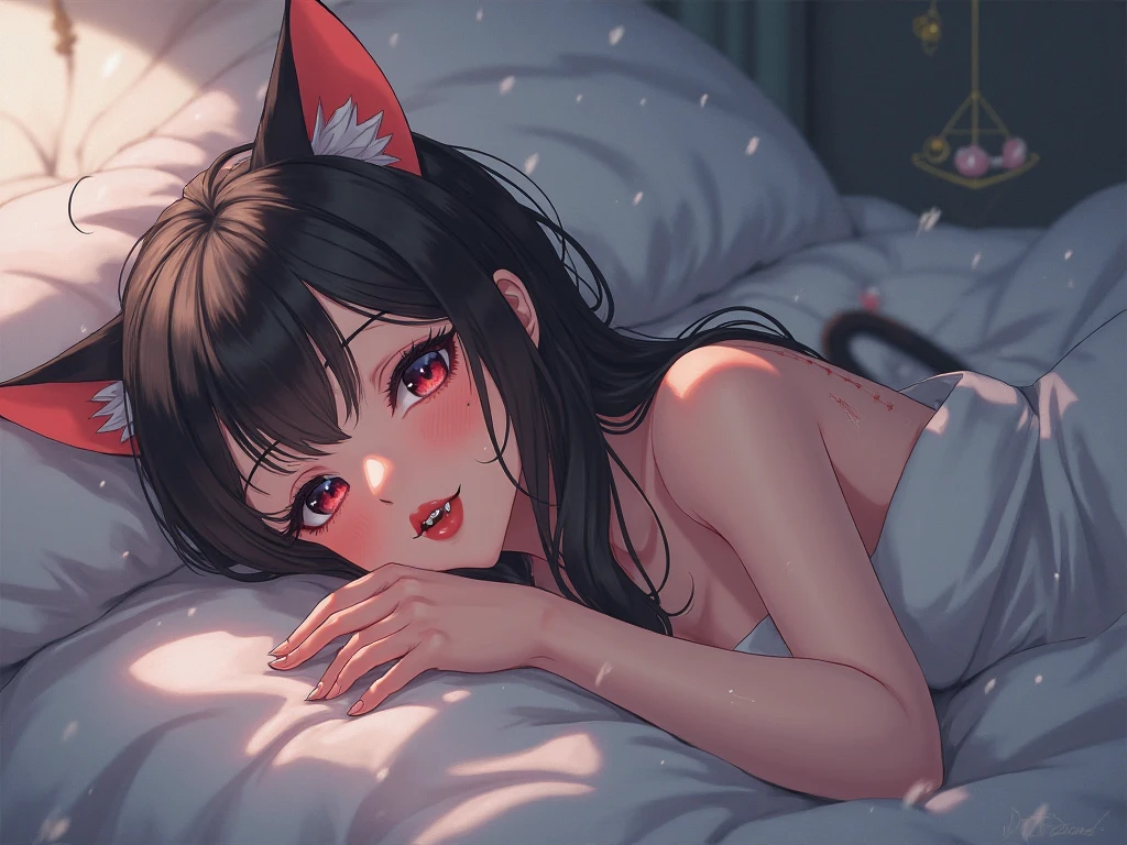 Anime girl no clothes on bed with on her cat ears