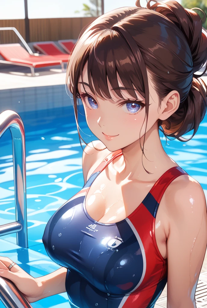 (((Competition diving board:1.3))),(((Sports towel))), (((Competition Pool 1.3))),((Competition Swimwear:1.7)),(((White one piece swimsuit))),Expressing happiness with a smile,Cute Face,Extreme close up of face,Shiny light brown and orange striped short hair,Perfect round face,iris,(hairpin、Floating Hair、),Big Breasts.Professional Lighting,Cinematic Light,(Tabletop,highest quality,Ultra-high resolution output images,) ,(8K quality),(Picture Mode Ultra HD),
