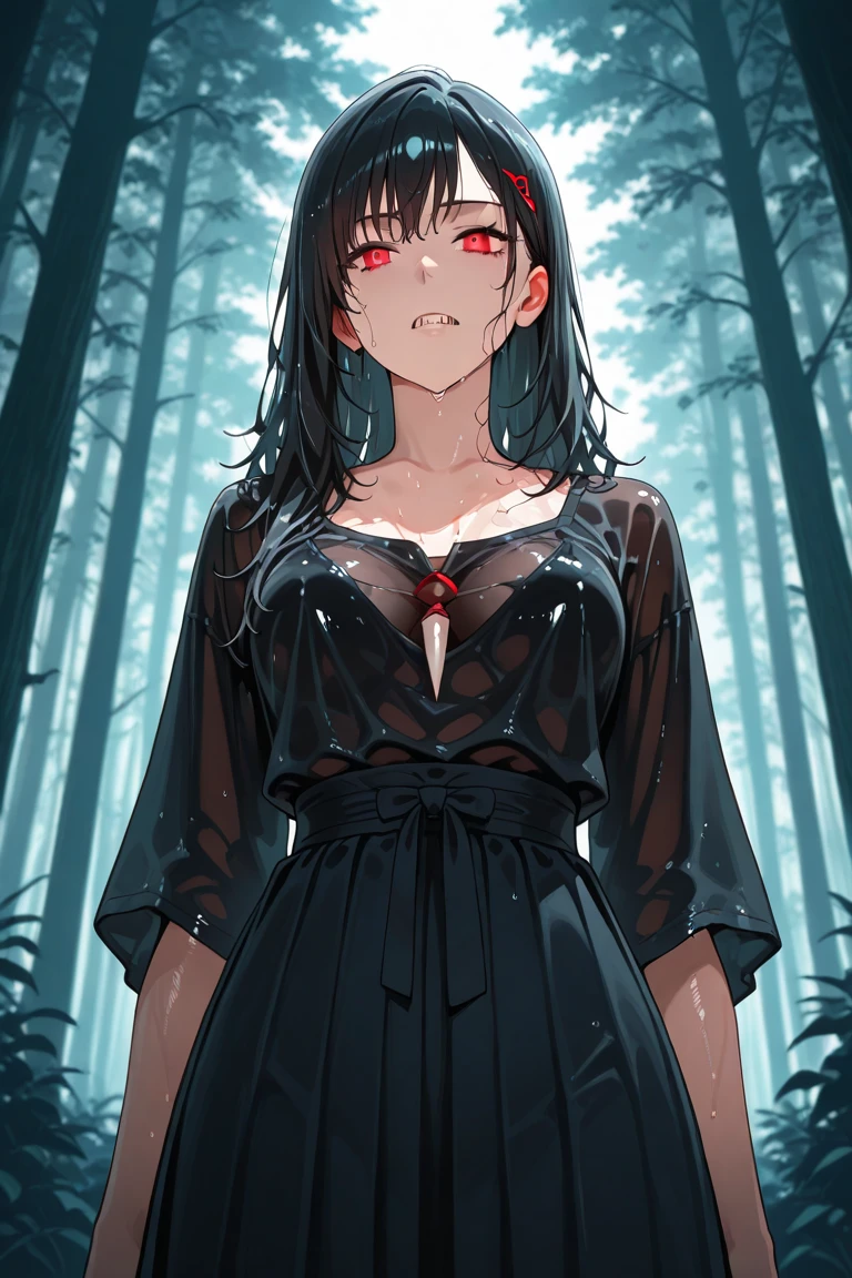 masterpiece, (best qulaity:1.3), 8K, wallpaper, (1girl, akame \(akame ga kill!\), black hair, red eyes, long hair, ((open shirt)), (wet), (black bra:1.4), ((expressionless, rain)), outdoors, forest, cloudy sky, ((medium breasts, cleavage)), (navel), pleated skirt, looking at viewer)