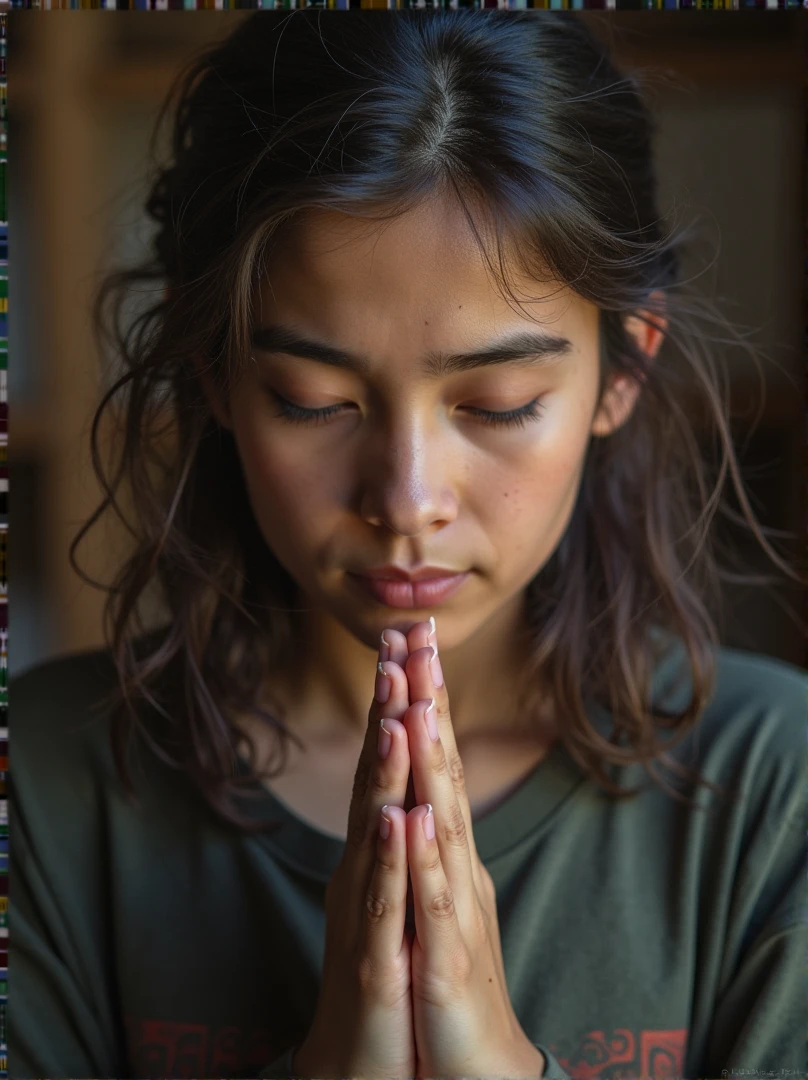 a year old FILIPINA woman in profile has her hands together praying, she is on her knees praying with her eyes closed, LIT WITH SUNLIGHT, ULTRA REALISTIC IMAGE, The style is a realistic photograph using a 50mm lens in 8k and applying contrast, 8K --ar 16:9 --s 1000