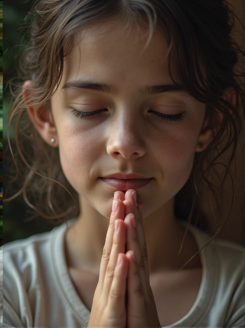 there is a young kids blonde girl praying portrait standing in front of a moon.