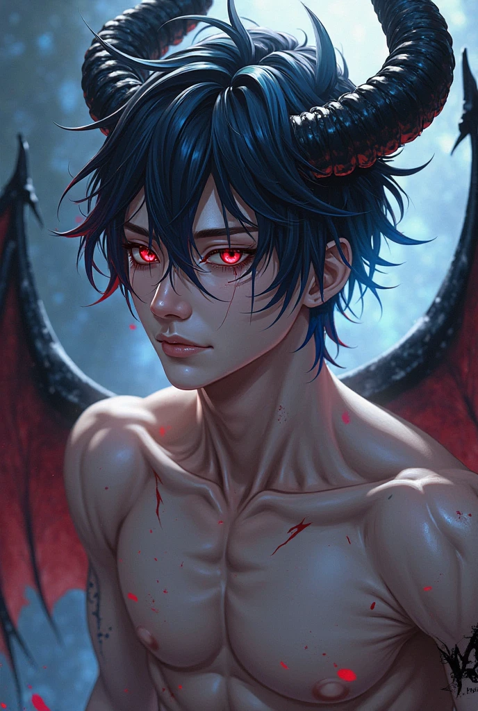 8k, complex, elegant, highly detailed, majestic, digital photography, surrealist painting, beating magic, winding flame, (masterpiece, side light, fine beautiful eyes: 1.2), HDR, (glowing red eyes)), naked upper body, (glowing tattoo), handsome boy, black hair, muscles, blue skin, demon horn, raining, handsome, facing the camera, masterpiece