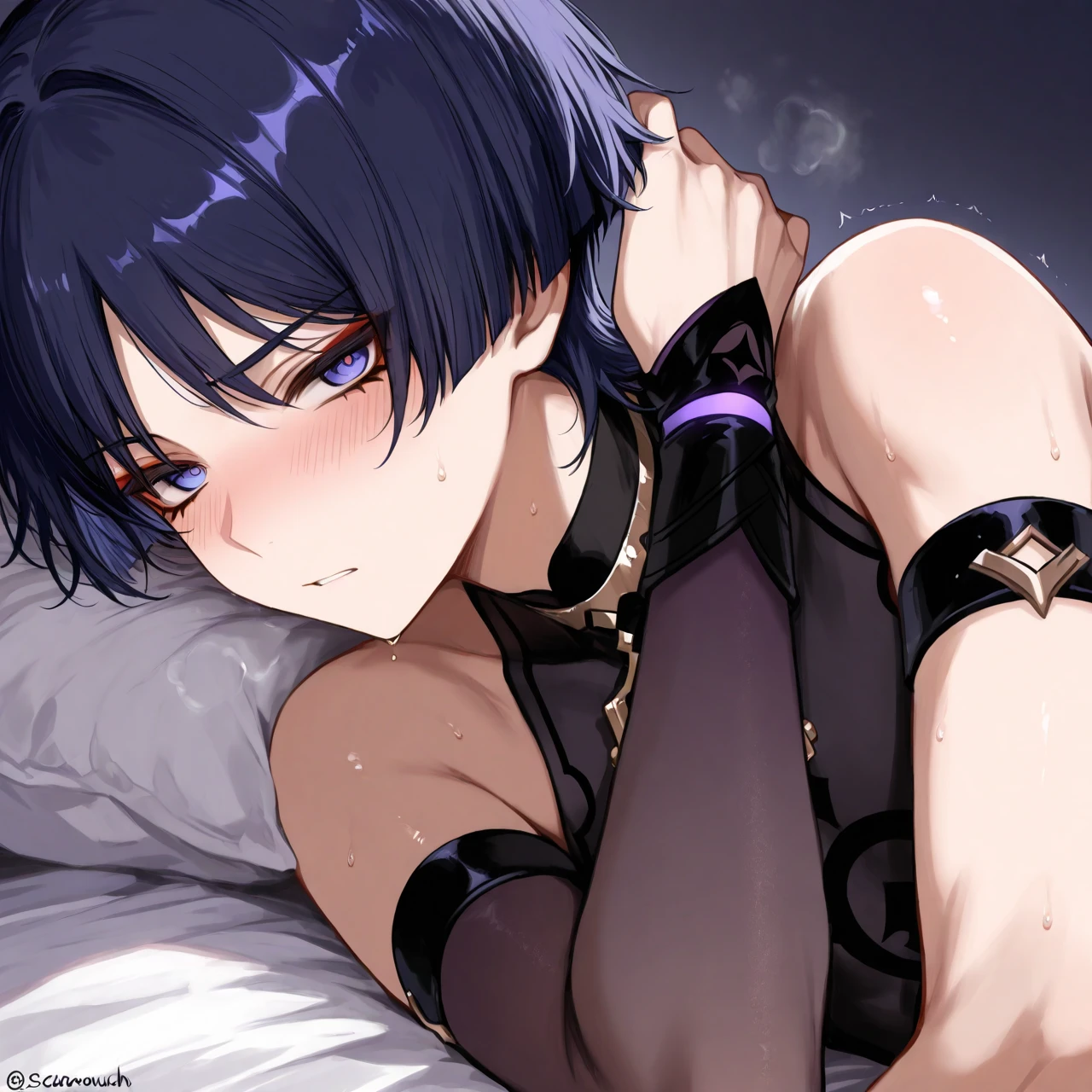 Downer handsome boy　cat eyes　piercings in both ears　Short sleeve shorts　illustration style　Slender body　naughty smile　lying down