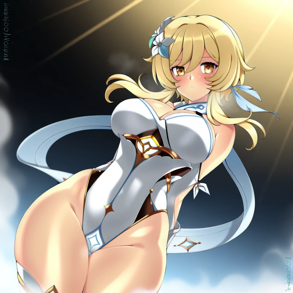 LeinaQuiron woman, 1girl, solo, breasts, blush, blue eyes, blonde hair, large breasts, cleavage, braid, hairband, armor, twin braids, side braid, short hair with long locks, buckle, shield BREAK (masterpiece, best quality:1.3), 4k, ultra-detailed, trending in pixiv, detailed background, BREAK (amidst the paddy field, countryside, scenery:1.4), BREAK (basking in the sunlight, from side, looking up, relaxing:1.3), smile, closed eyes, (sweat, shiny skin:1.2)