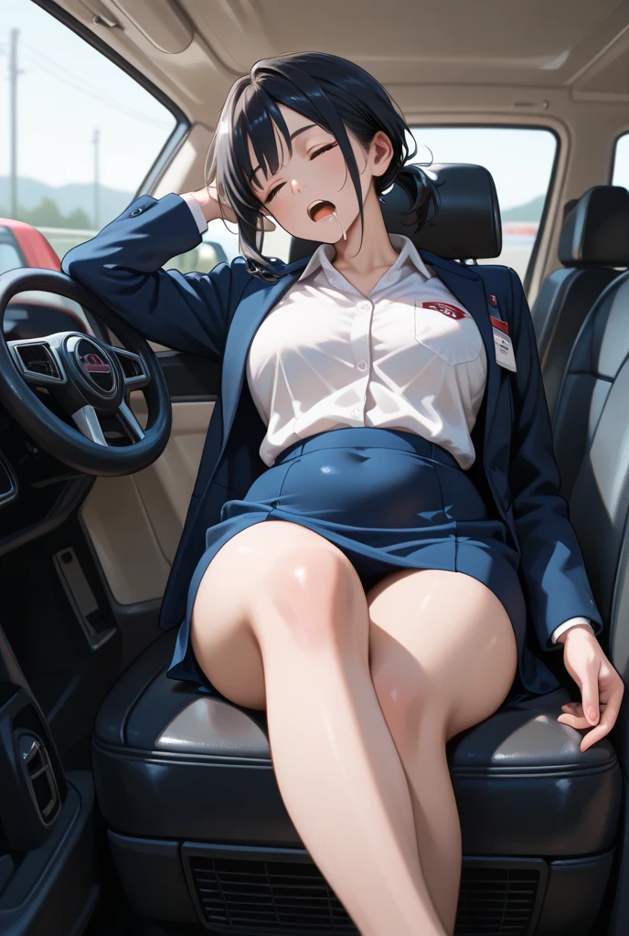 (Masterpiece:1.2), (high quality), (pixiv:1.4), (anime:1.4), (thong), loose socks, black hair, buttocks, plain skirt, solo, blazer type, loose socks, lifting clothes, brown eyes, pure gaze, miniskirt, gray skirt , herself lift, blush,((medium breasts)), (heart-shaped pupils),(side ponytail), (a lot of sweat), Long hair, Physical education sitting, beauty legs, ((inside the car ))