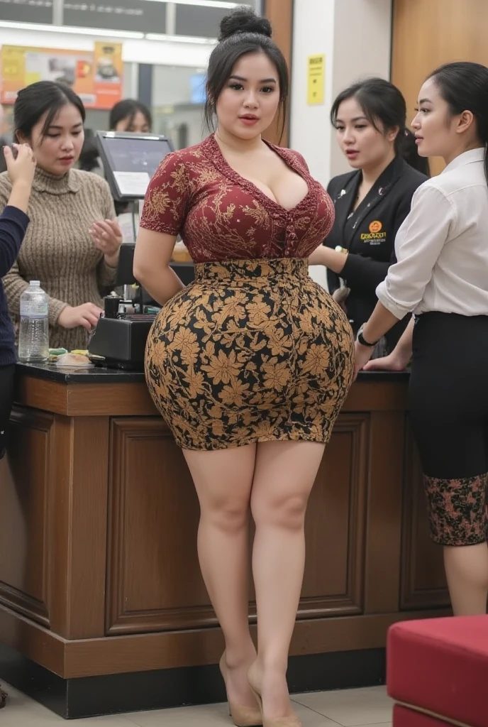 skirt, dress shirt, small breasts, 1girl, solo, full body, ([fat|chubby|bloated|thicc]:1.2), ([Scarlett Johansson|Megan Fox]:1), big belly, thick thighs, fat arms, standing in line, cafe, holding belly