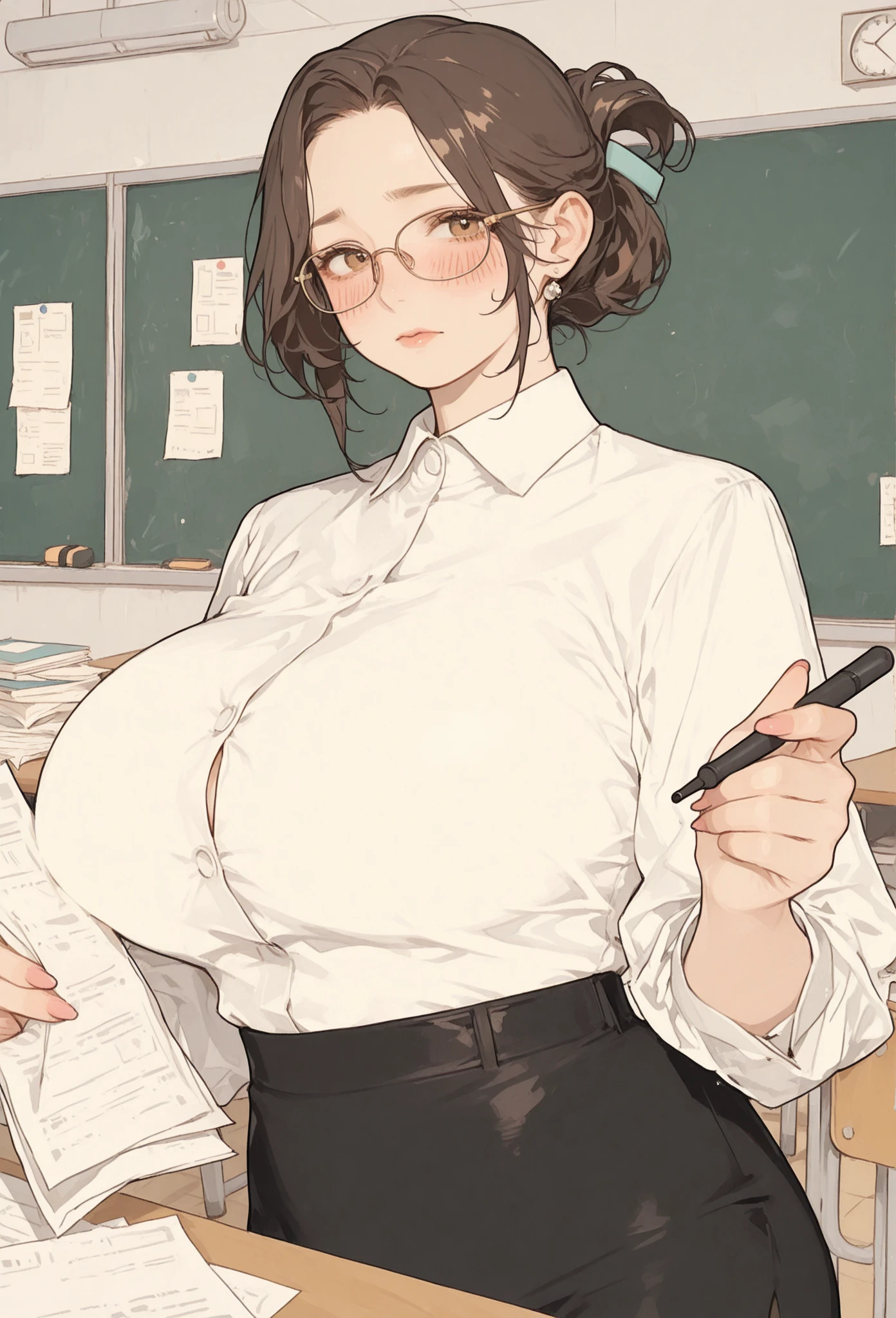 (mature woman), blush, lust, skin fair, Sweater shirt, Long pencil skirt, wearing glasses, short black hair, beautiful face, 가슴, sensuous, highest quallity,standing pose, (fund: In front of the office desk)