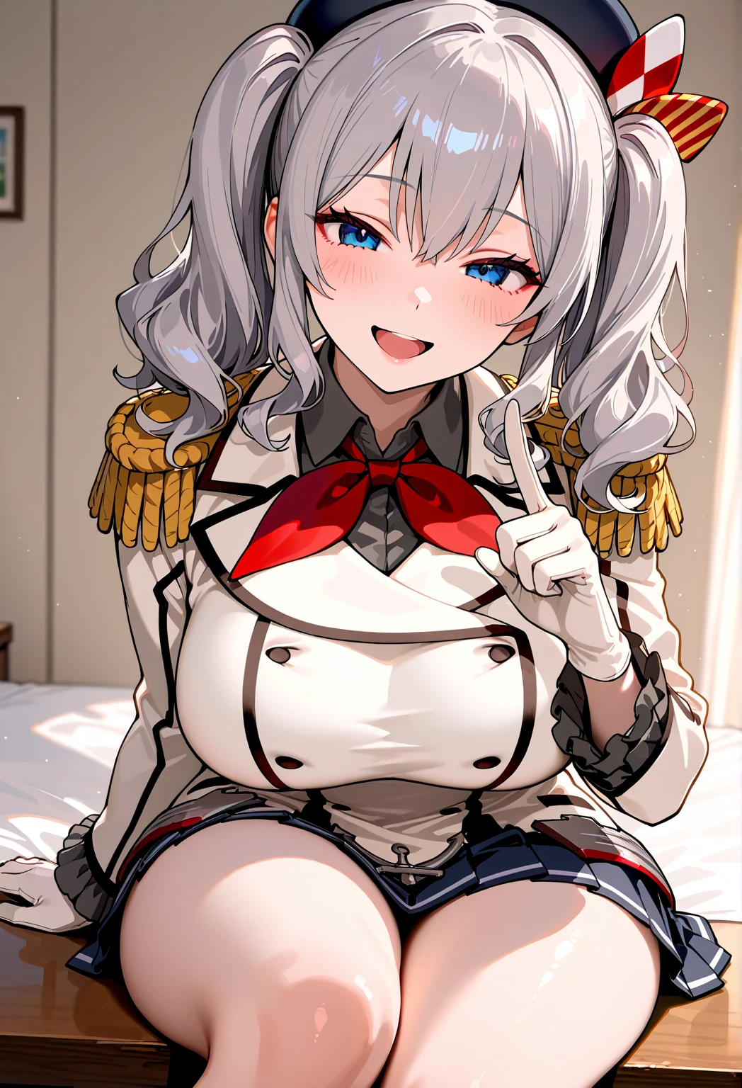 ((nsfw, nude,breasts blowjob,beautiful eyes, topless,show off nipple,highest quality,aroused, masterpiece, High resolution)),(masterpiece, best quality:1.2),Smirk,One hand touched his chest,illustration,8k,HD,1 Girl,Solitary,portrait,blush,Gray hair,blue eyes,curls,Double tail,Crane plum,Berets,Epaulettes,Ruffled sleeves,jacket,Large Breasts,Long sleeve,,mini skirt,Pleated Skirt,Red tie,White gloves,anchor,