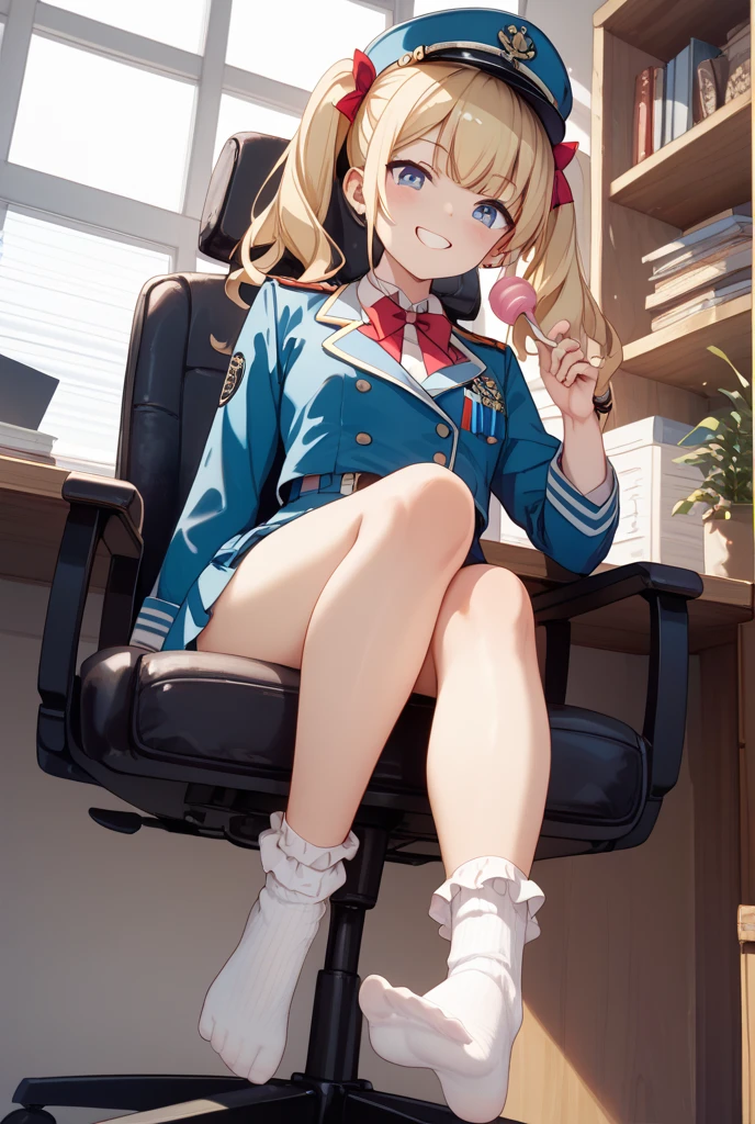 (masterpiece:1.4), (Highest quality:1.3), (high resolution:1.2), Perfect Anatomy, Well-formed face,Accurate depiction,Precise depiction,Beautiful depiction,(Rui々Shishi Body:1.1), (Healthy Body:1.1),(Shiny Hair:1.2), Well-formed face, Glassesをかけた, Glasses, Face, Lewd smile, Large Breasts,Big Breasts, Big Tits, Shaking breasts, Bouncing Breasts, 激しくShaking breasts, 激しくBouncing Breasts, Tight waist,Well-balanced body, Flexible fingers, ,Short,Transistor Grammar, ロリBig Breasts, Wide forehead,semi-long, Drill Hair, Blonde, Hanging eyes, female soldier, Female Operator, headset, income, Headphones with microphone, military jacket, skirt suit, stockings, Neck ribbon, armyboots, Focus on women, Composition seen from the front, Watching the audience, indoor, warship, bridge, bridge, Sci-fi spaceship, 近未来的なindoor, Operation Room, Sit on a chair, Large chair, Recliner, 大型のRecliner, Gaming Chair, Gaming Chairに座る,Sitting, Arms crossed, Her breasts are resting on her folded arms,Clothes stuck with sweat, Erect nipples covered with clothes, Spread your legs, Flip-up skirt, Pantiesが見える, Hands-free, Panties, Pantiesをずらす, vaginal mastur bation , sex toy put a vibrator in pussy, Putting a dildo in pussy, Attach a vibrator to the clitoris, Vibrating rotor,I'm cumming from masturbation, Cumming during mastur bation, A body trembling with ecstasy, orgasm, 愛液で濡れたPanties, (girl trembling with sexual climax:1.3), Estrus female, Pant voice, Whoops, Big and open, Loud, nsfw