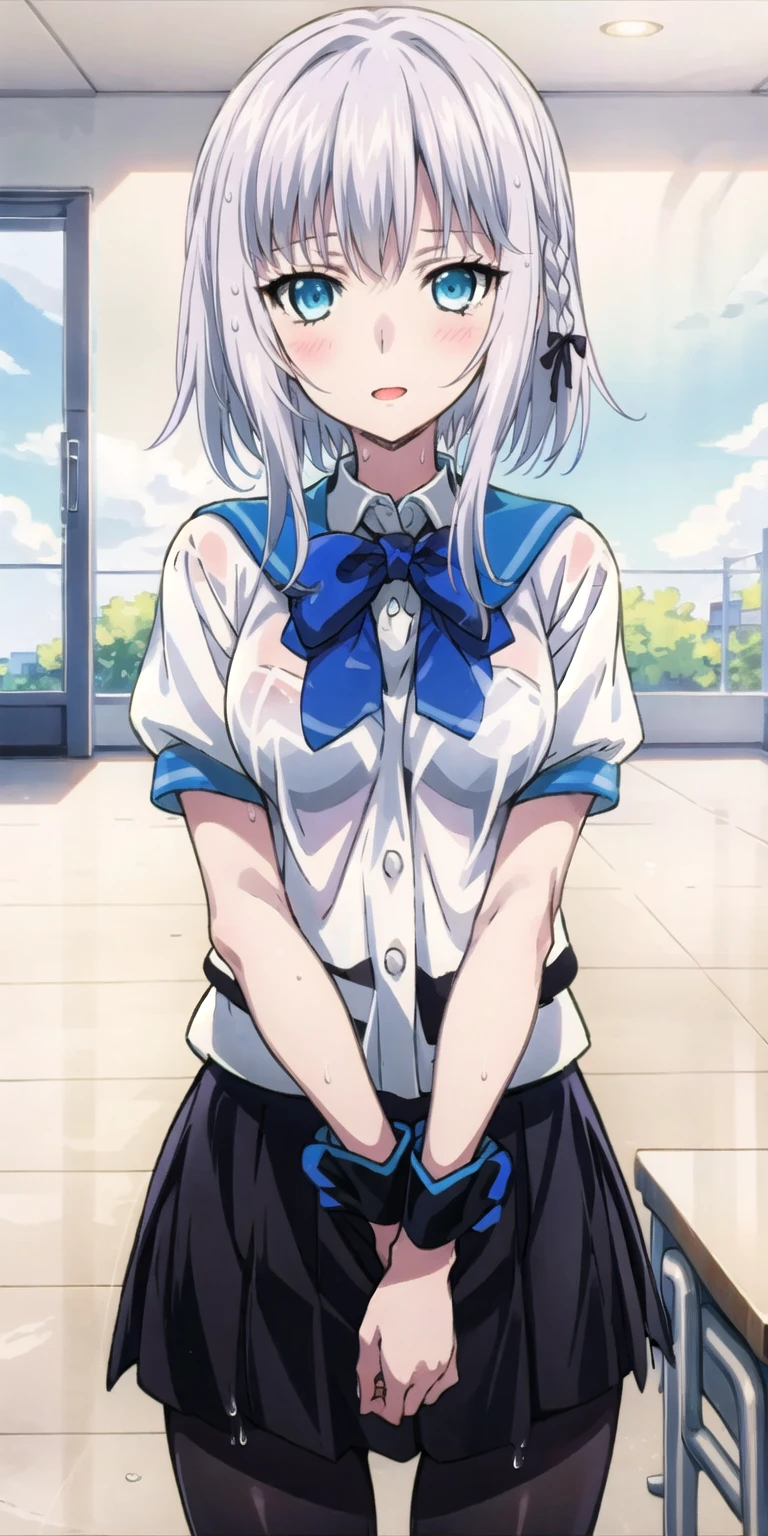 1 girl, kanon kanase, blush, medium breasts, sleeveless,((( school uniform))), 20-year-old, healthy skin, closed mouth, (indoors), detailed eyes. Sitting.