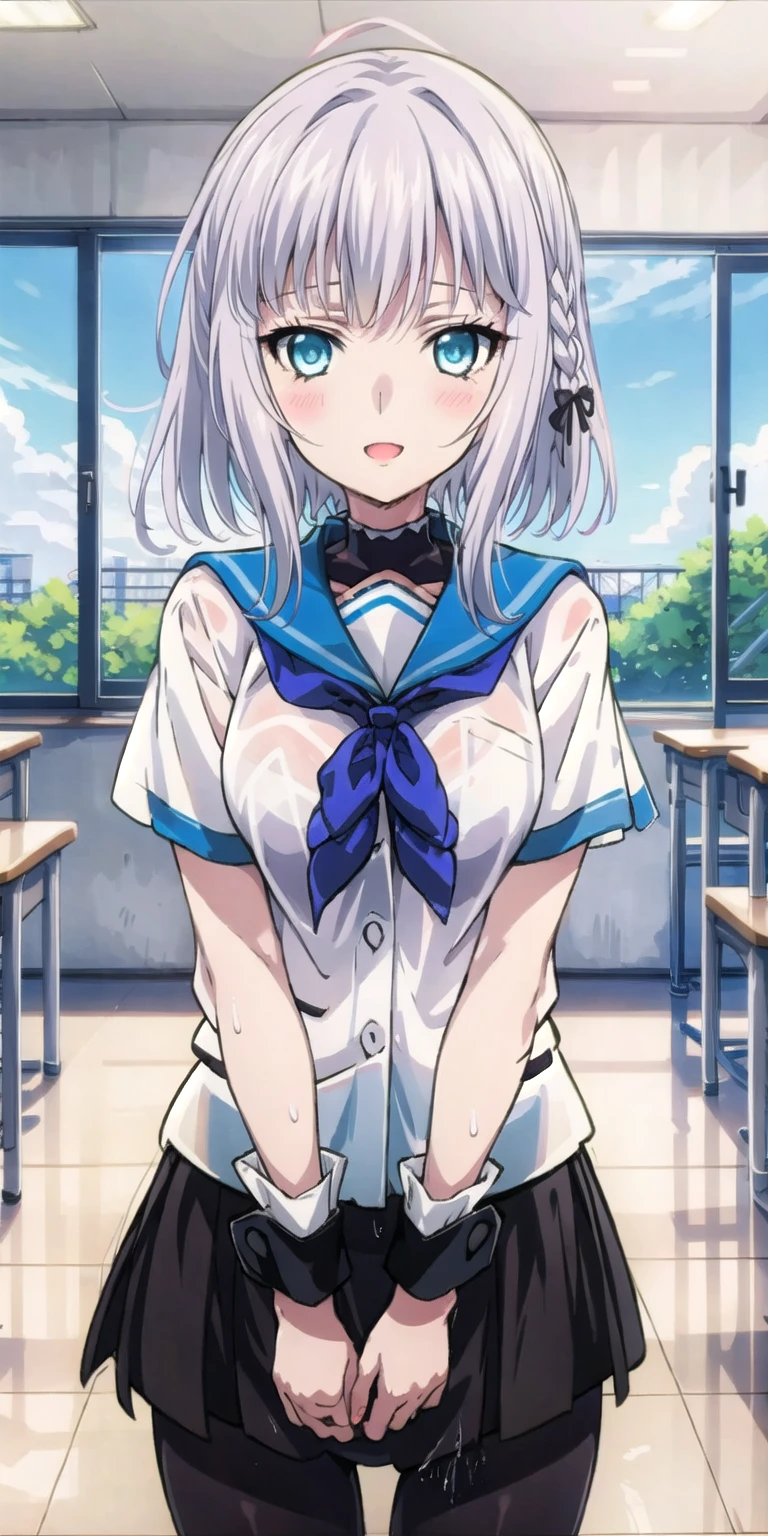 1 girl, kanon kanase, blush, medium breasts, sleeveless,((( school uniform))), 20-year-old, healthy skin, closed mouth, (indoors), detailed eyes. Sitting.
