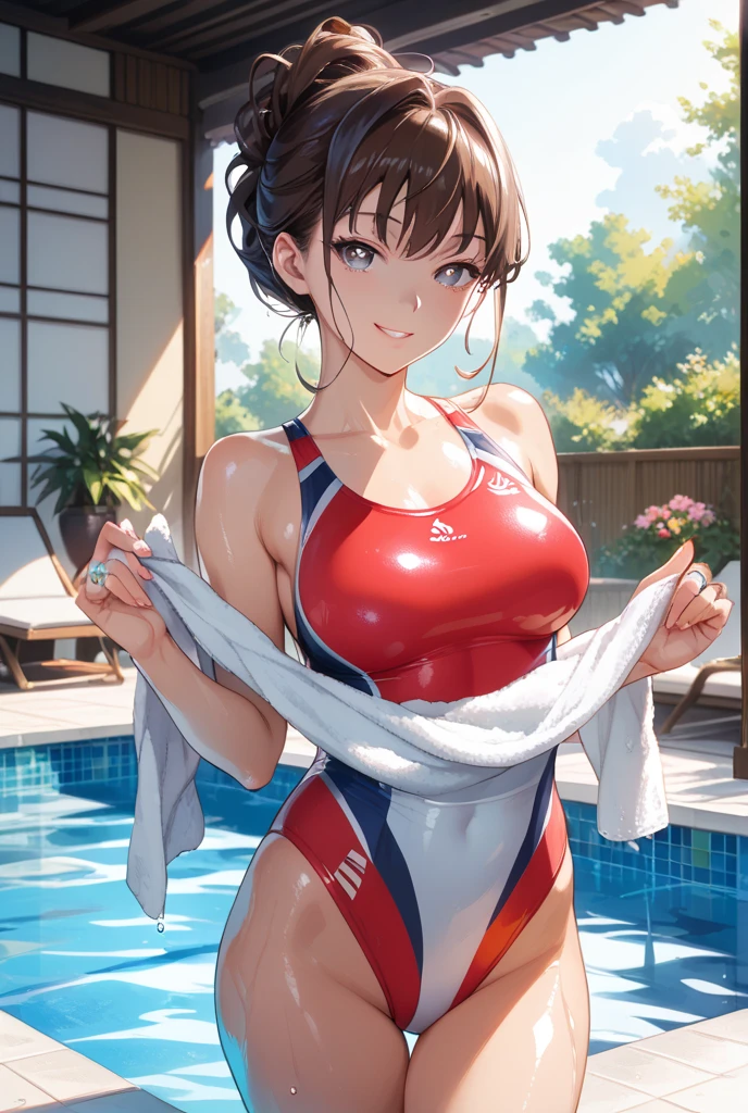 (masterpiece1.5), ultra quality, ultra detail, Perfect drawing, 20age, adult lady, Beautuful Women, cute face, lustrous beautiful skin, Gentle smile、(((Beautiful competition swimsuit))), (((Competitive swimsuit)), cute,(((Athlete Swimwear))), Huge ass, beautiful ass, huge breasts, cleavage, perfect body, ((round and big buttocks)), 3d, 8K illustrations, ((clearface)), Hi-Res, Indoor practice field, (((Indoor pool))), nice background, beatiful backgrounds, spot light, side shooting, (((Detailed drawing)))、Perfect Beautiful Girl、(((Perfect Photo))), (((Looking up))),