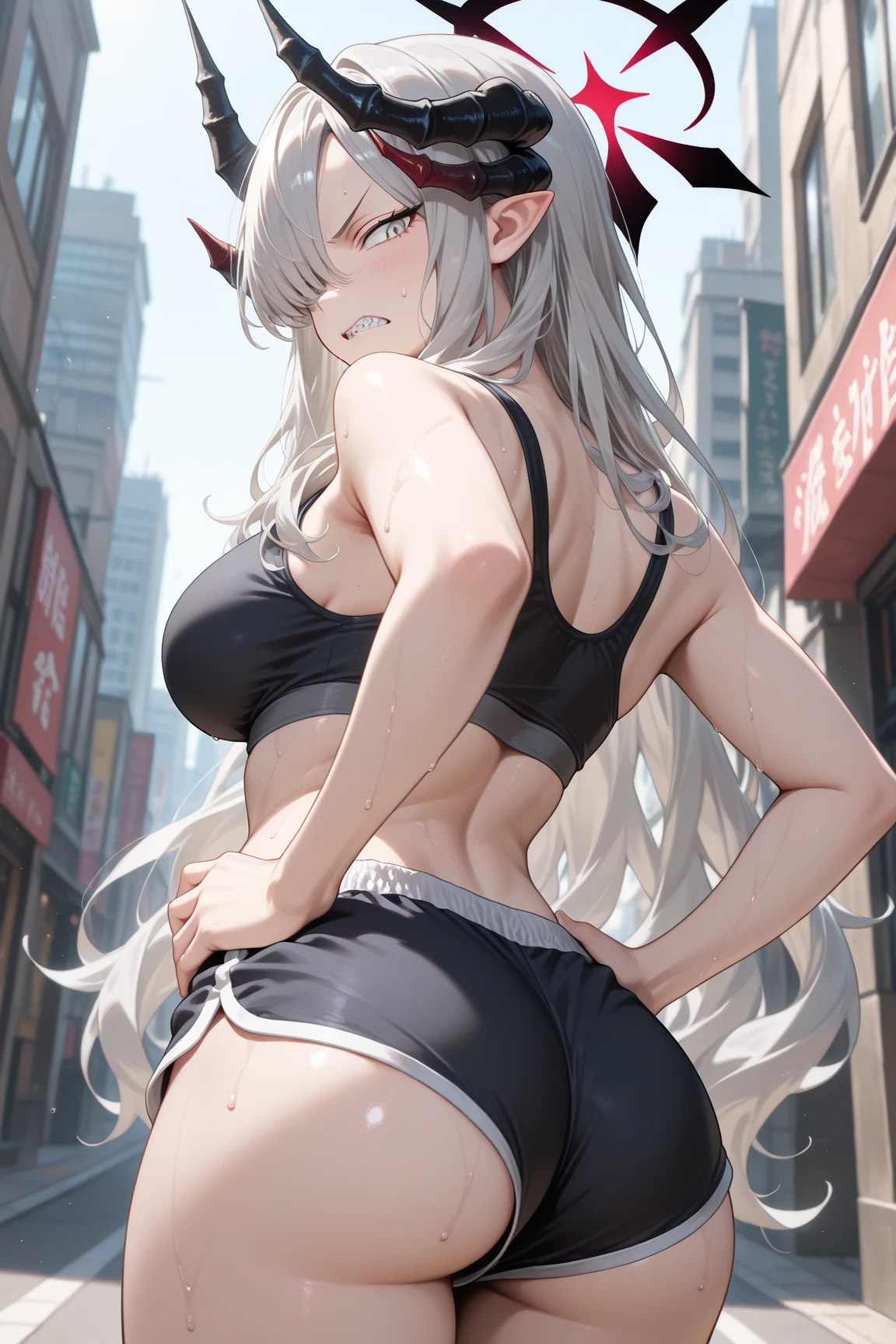 ((1girl)), ((alone)),mirko, ((extremely detailed CG unity 4k wallpaper)), (masterpiece), (ultra quality), (ultra detailed), (best illustration), (best shadow ), (extremely detailed), looking at viewer, (absurdities), (detailed background), curvy body, dynamic pose, cowboy photo, large breasts, medium waist, wide hips, wide thighs, round butt,((women dark skin, long eyelashes, big breasts, sleeveless, red eyes, hand on hip, parted bangs, white background, thick thighs, high leg leotard, animal ears, muscular, muscular woman,(( red cropped jacket:1.4 , open jacket: 1.2, abs: 1.3, black sports bra: 1.3, neckline: 1.4, collarbone, black yoga pants: 1.4, thigh gap, thick thighs, black pants, night, cityscape, cyberpunk)), ears rabbit,high leg, white hair, long hair, thighs, dark skin, covered navel),smile, closed mouth)), standing, cowboy photo, backlight, ((solo)), ((standing: 1.4, outside ,night, cityscape, streets, city, city lights, (serious expression, blushing, ,sexy, closed mouth, sexy pose), looking back, from behind, ((focus on ass), point of view: (from below), perfect anatomy, perfect hands,