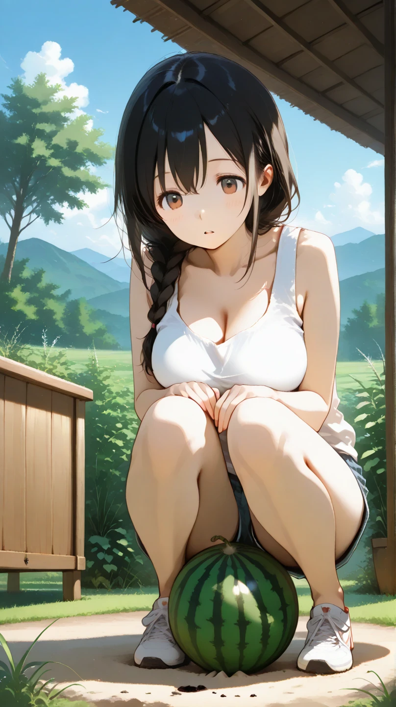 ((Highest quality)), ((masterpiece)), (detailed),Perfect Face,Angle from the front,Strong light from the front,With front light,The best natural light,Daytime lighting,A fully nude teen squatting naked in a forest, exposing her crotch to a low-angle camera,