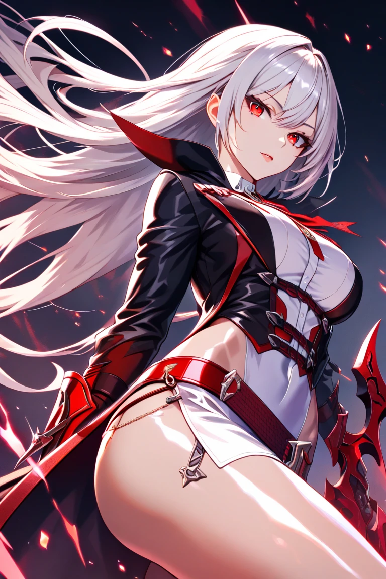erza scarlet, half silver steel breast plate with a cross pattern, no underwear, bright red pupil, super mini battle skirt, holding giant silver boardsword, high pony tail, perfect body shape, 16k, sharp angel aura, steel hand glove, holy tattoo, long silk stocking