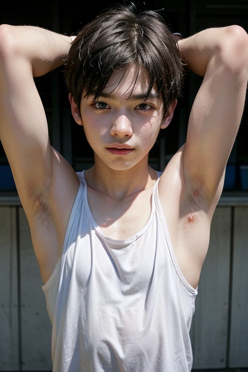 Japanese men、15 years old、Well-developed muscles and smooth skin、Fluffy green hair、Boxer briefs、You can see the whole body from head to toe、Smiling softly、