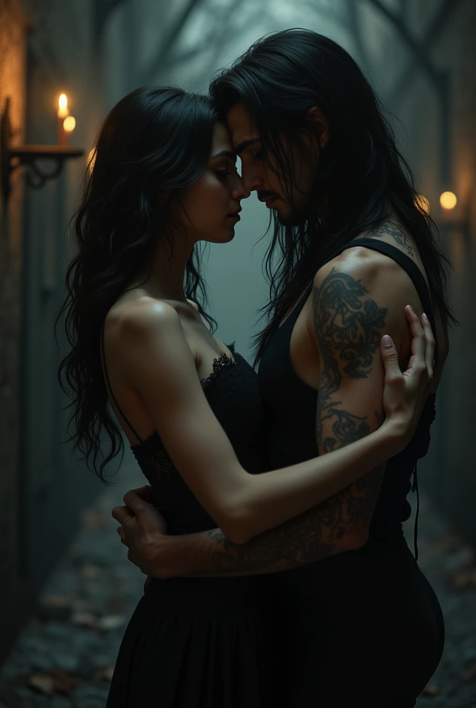 Black haired woman with a handsome white man with long black hair looking dark romance