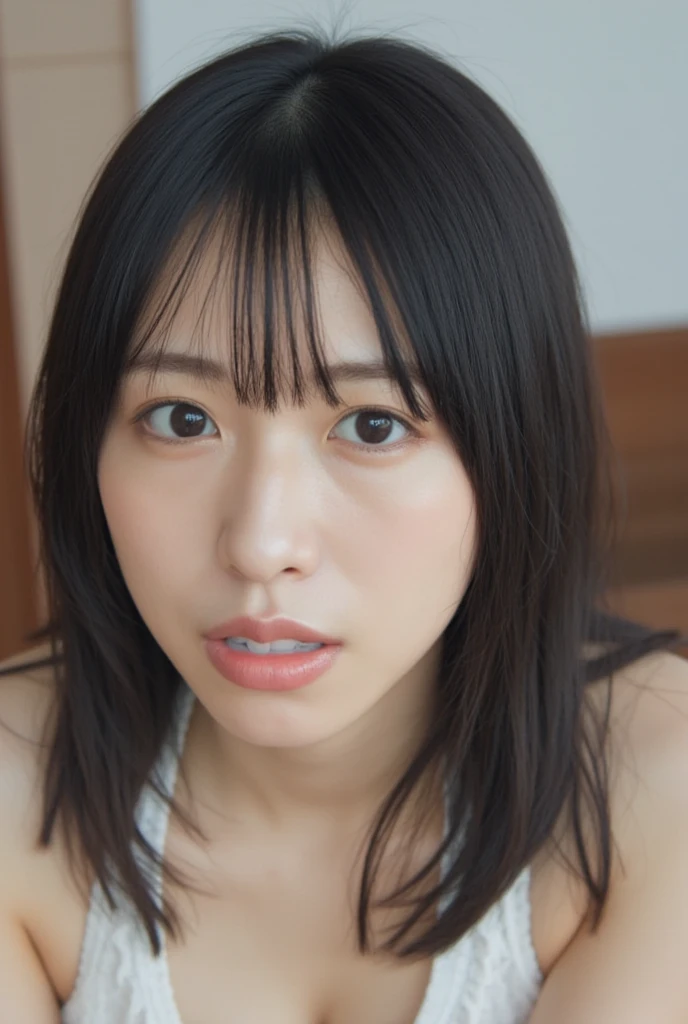 beautiful japanese actress,Realism, Surrealism, depth of field, UHD, retina, anatomically correct, textured skin, highres, best quality, super detail, 8k, I opened my mouth and opened my eyes.,35 years old、black haired、very small toilet,,tied up hair,,,medium shot,moaning, saliva trail, rolling eyes, ((furrowed brow, crazy eyes,))