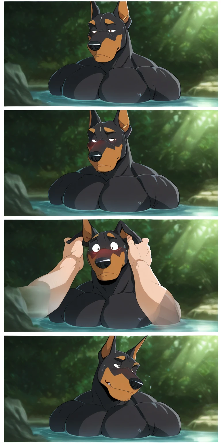 A male dog corgi have body chubby with black fur with red colour eyes,naked and he begging to stop with tail being hold tight and pull by hand, body trembling and Satisfied with small cock are have sex by Dolphin in water, talk english Dialogue sayings clearly